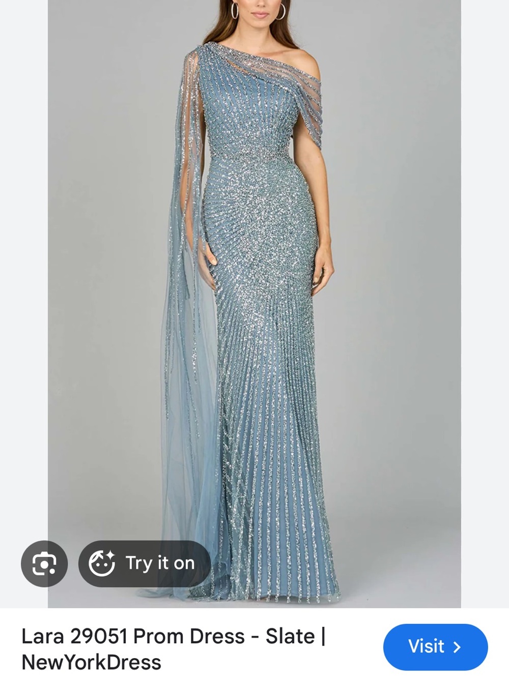 LARA 29051 Slate Blue One-Shoulder Sequin Gown with Draped Tulle